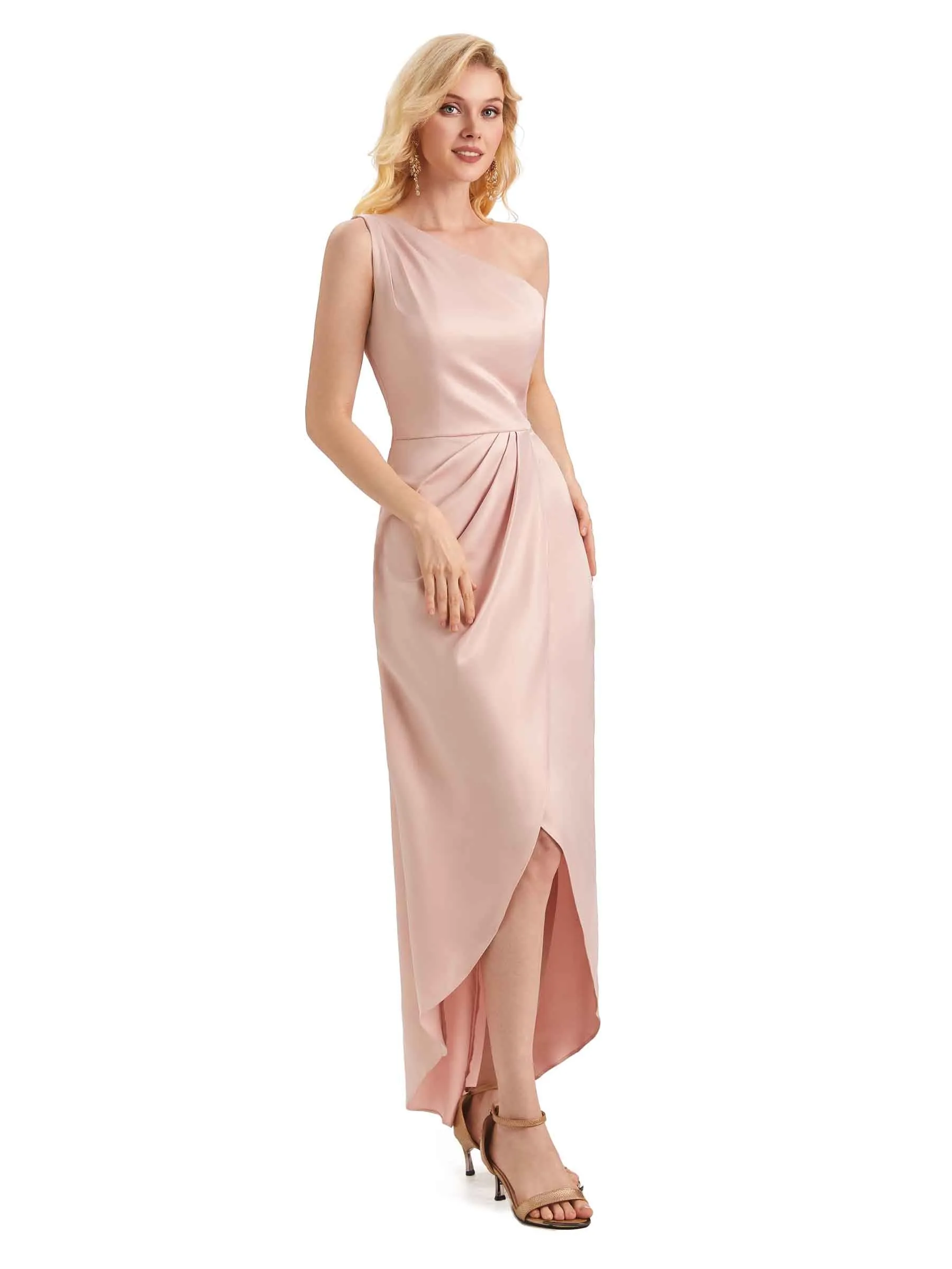 Unique Satin One Shoulder Asymmetrical High Low Midi Mermaid Bridesmaid Dresses sold by ChicSew product image thumbnail 4