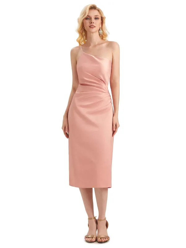 Sexy Soft Satin Side Slit One Shoulder Satin Midi Bridesmaid Dresses Online sold by ChicSew