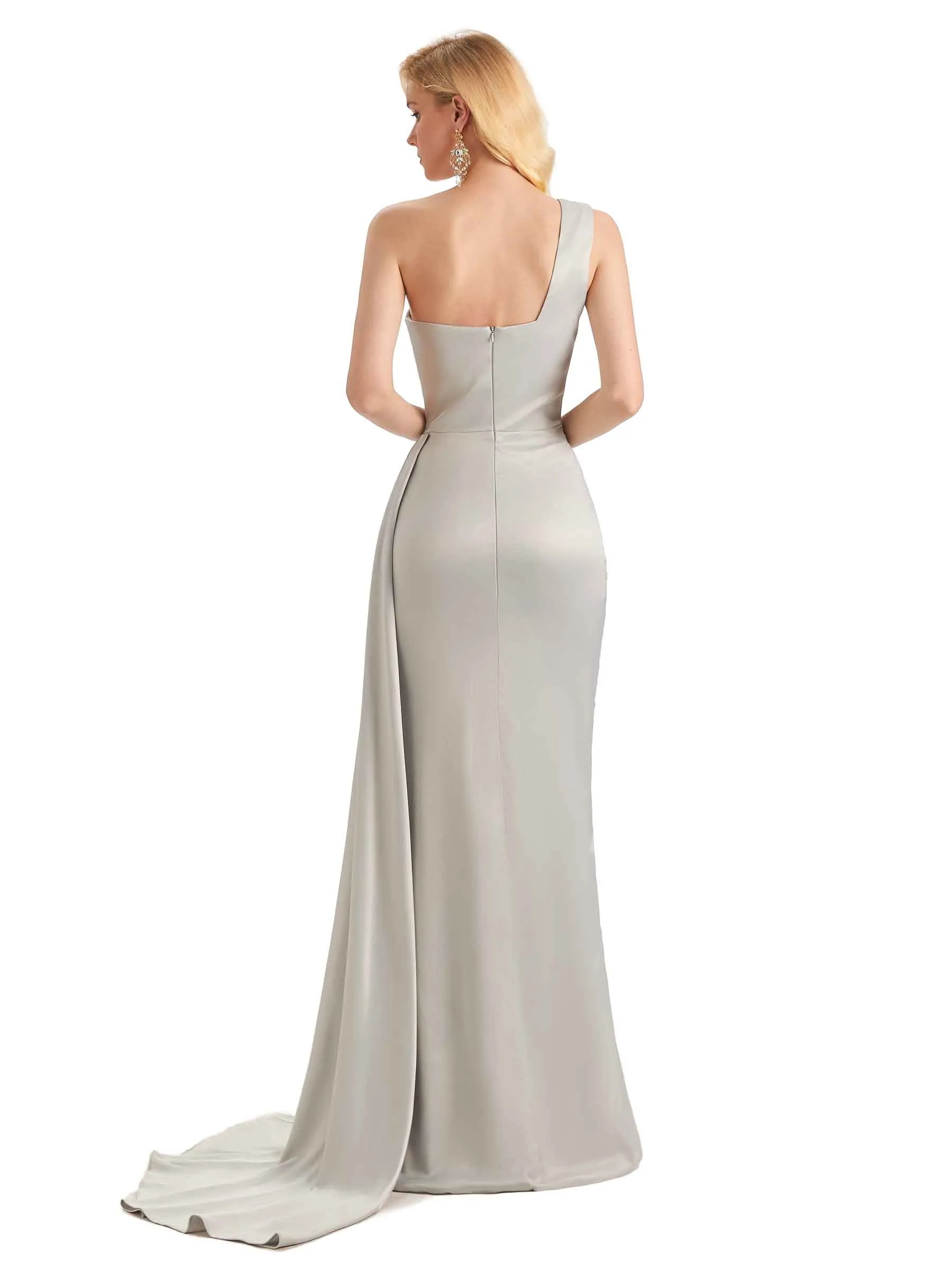Elegant One Shoulder Soft Satin Mermaid Unique Long Bridesmaid Dresses Online sold by ChicSew product image thumbnail 3