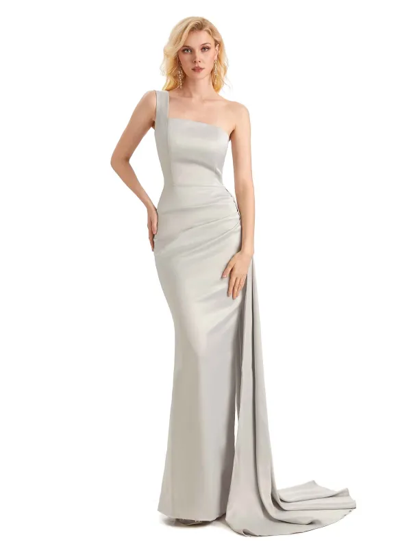Elegant One Shoulder Soft Satin Mermaid Unique Long Bridesmaid Dresses Online sold by ChicSew