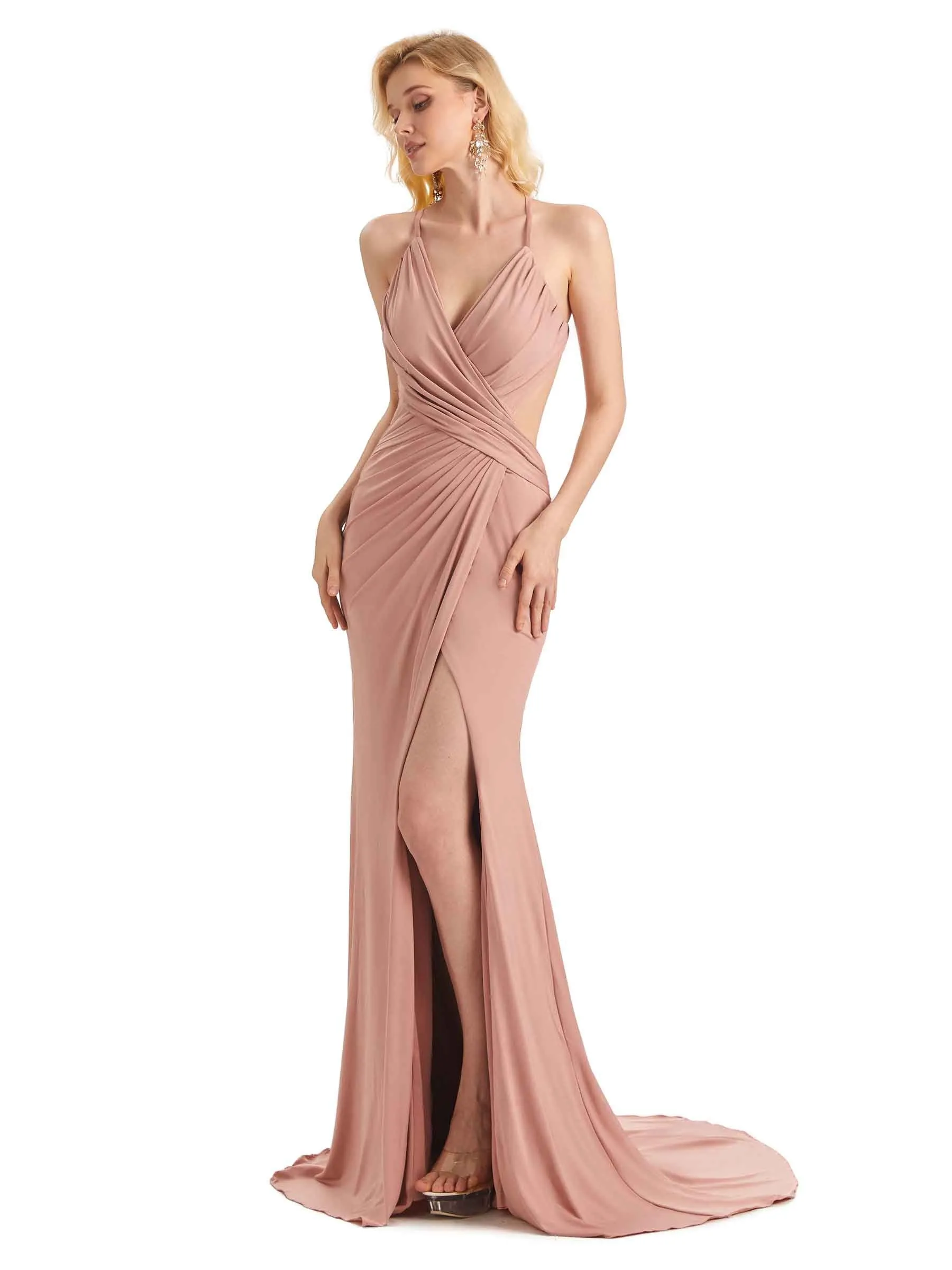 Sexy Mermaid Spaghetti Straps Side Slit Stretchy Jersey Long Formal Bridesmaid Dresses sold by ChicSew product image thumbnail 4