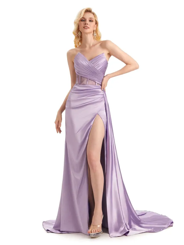 Sexy Soft Satin Side Slit See Through Floor-Length Long Mermaid Bridesmaid Dresses sold by ChicSew