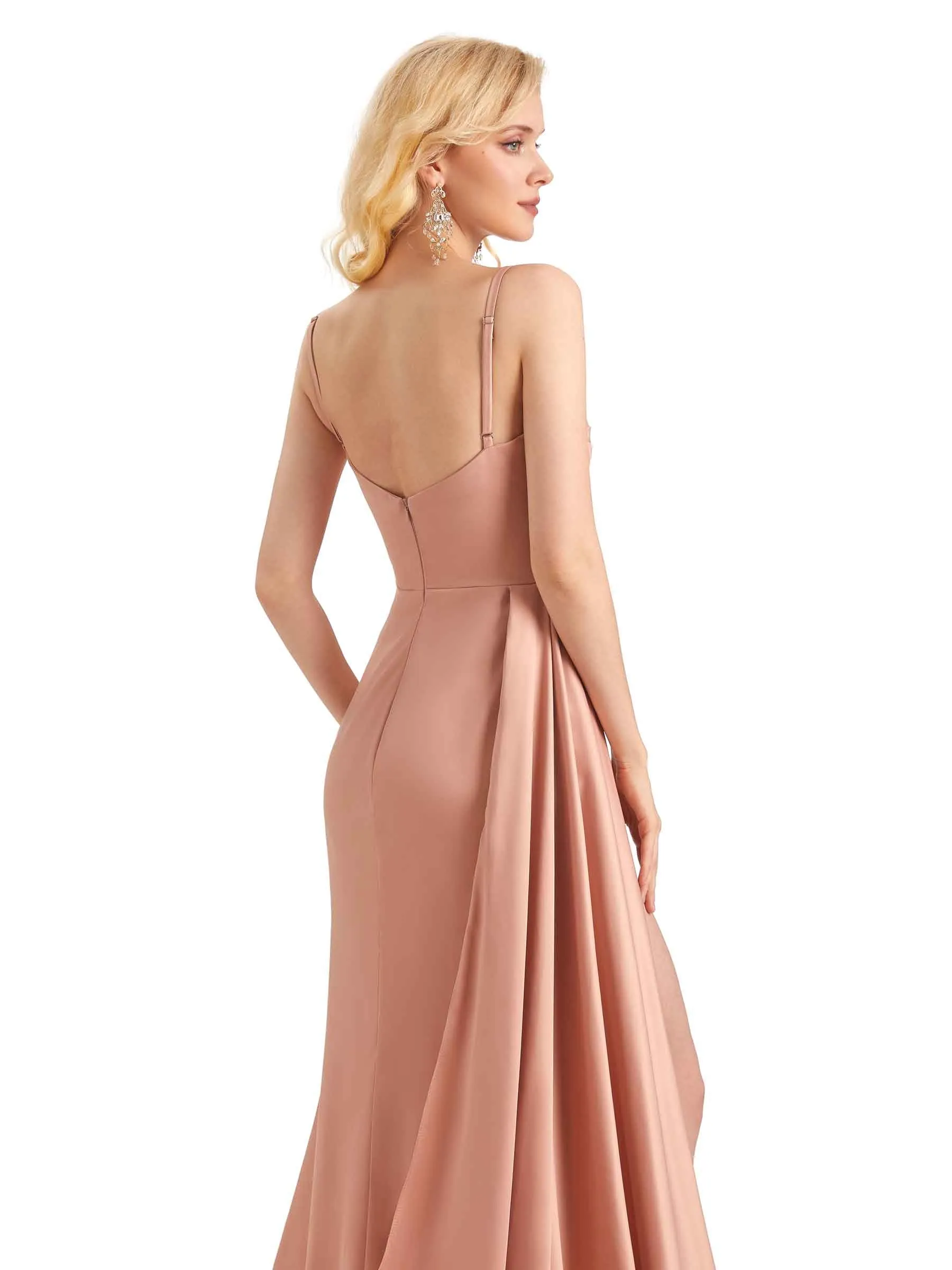 Elegant Soft Satin Side Slit Mermaid Spaghetti Straps Long Bridesmaid Dresses Online sold by ChicSew product image thumbnail 5