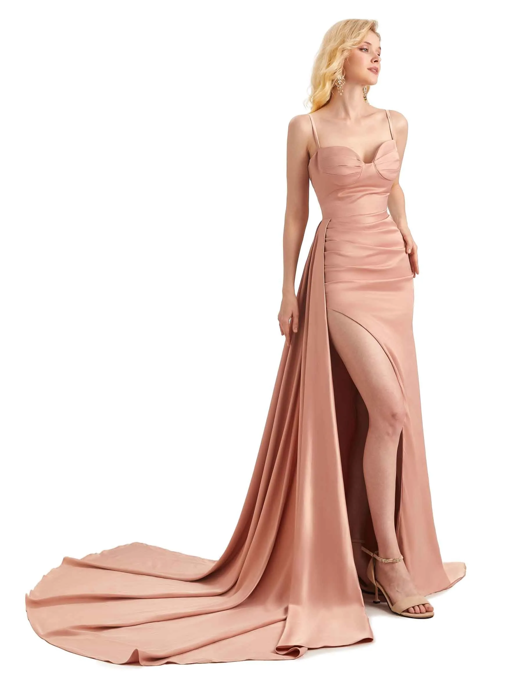 Elegant Soft Satin Side Slit Mermaid Spaghetti Straps Long Bridesmaid Dresses Online sold by ChicSew product image thumbnail 4