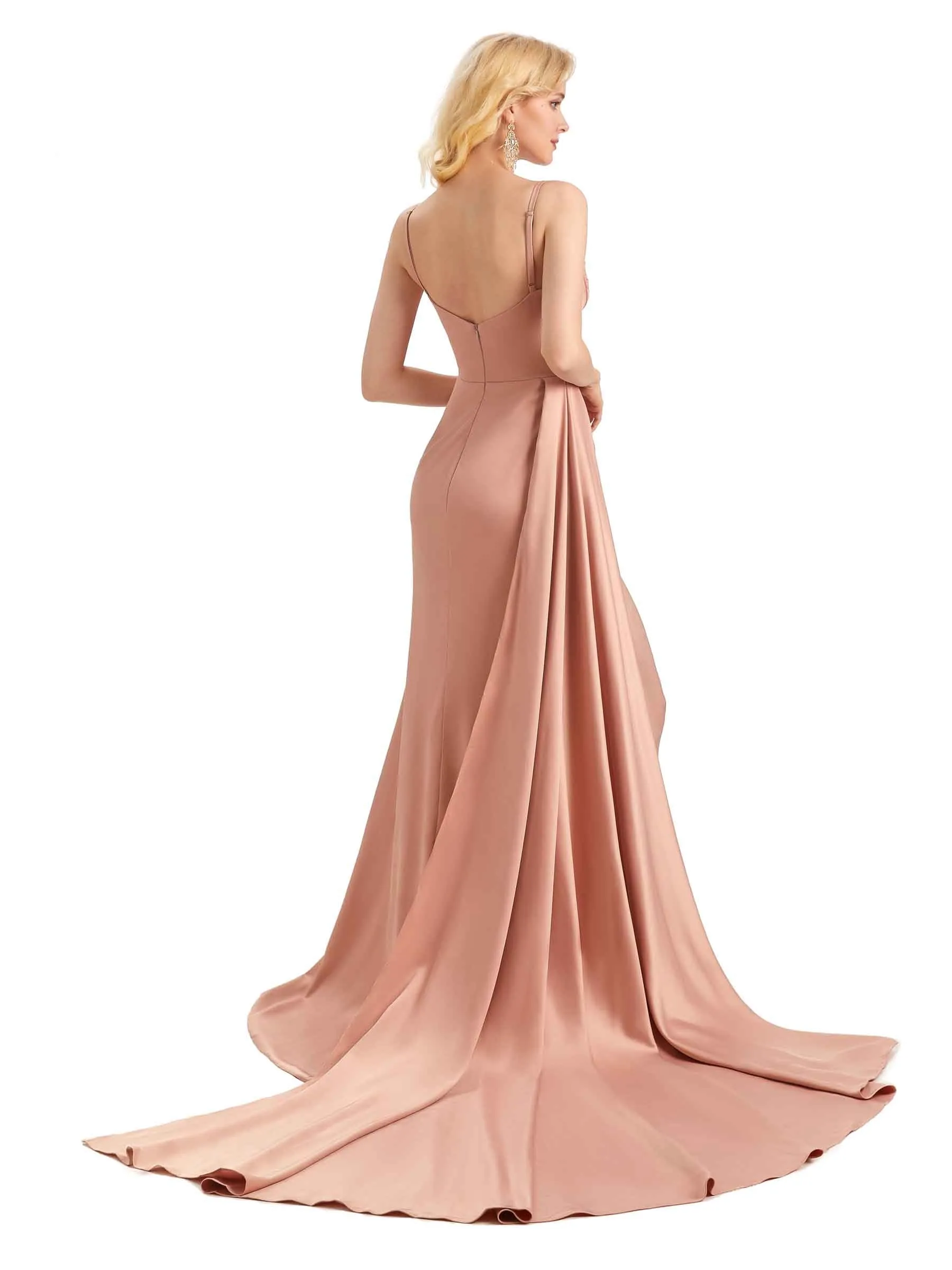 Elegant Soft Satin Side Slit Mermaid Spaghetti Straps Long Bridesmaid Dresses Online sold by ChicSew product image thumbnail 3