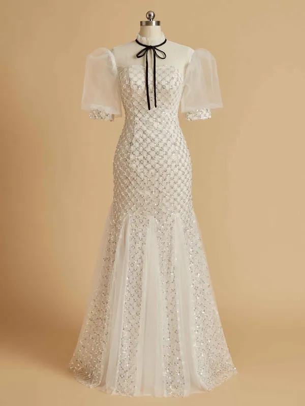 Gorgeous Sheath Short Sleeves High-neck Floor-length Long Party Prom Dresses sold by ChicSew