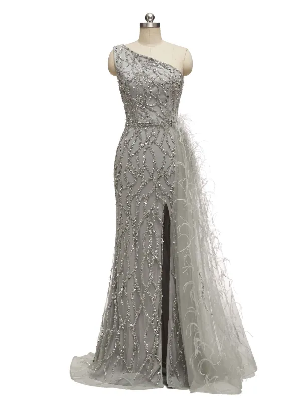 Grey Mermaid One Shoulder Side Slit Floor-length Long Formal Prom Dresses made by ChicSew