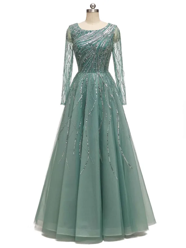 Green A-line Scoop Heavily Beaded Rhinestone Long Sleeves Long Party Prom Dresses Online sold by ChicSew