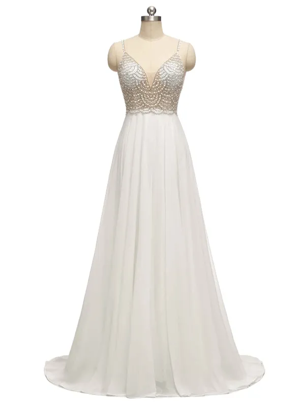 Eleagnt A-line Spaghetti Straps Sparkly Beaded Beach Wedding Dresses Online sold by ChicSew