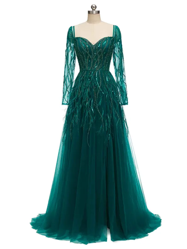 Green A-line Long Sleeves Floor-length Heavily Beaded Long Formal Prom Dresses sold by ChicSew