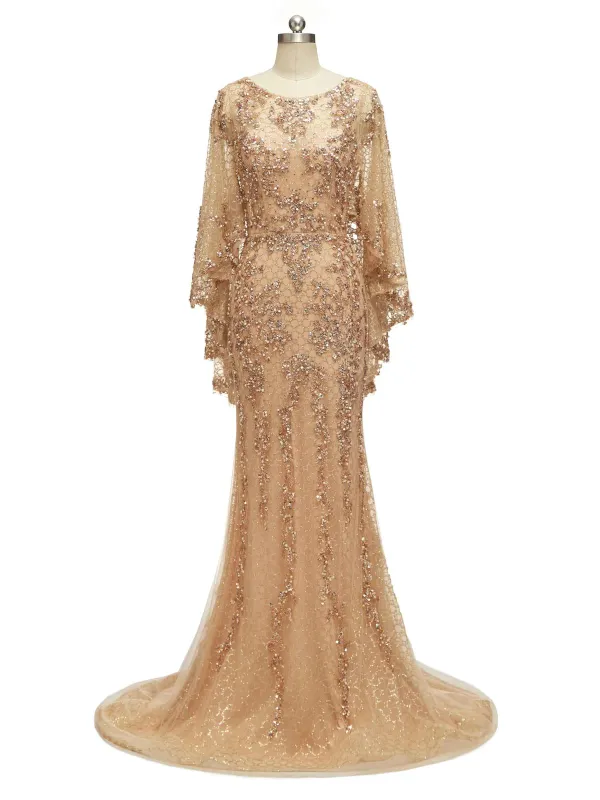 Champagne Gold Sparkly Heavily Beaded Long Formal Prom Dresses Online sold by ChicSew