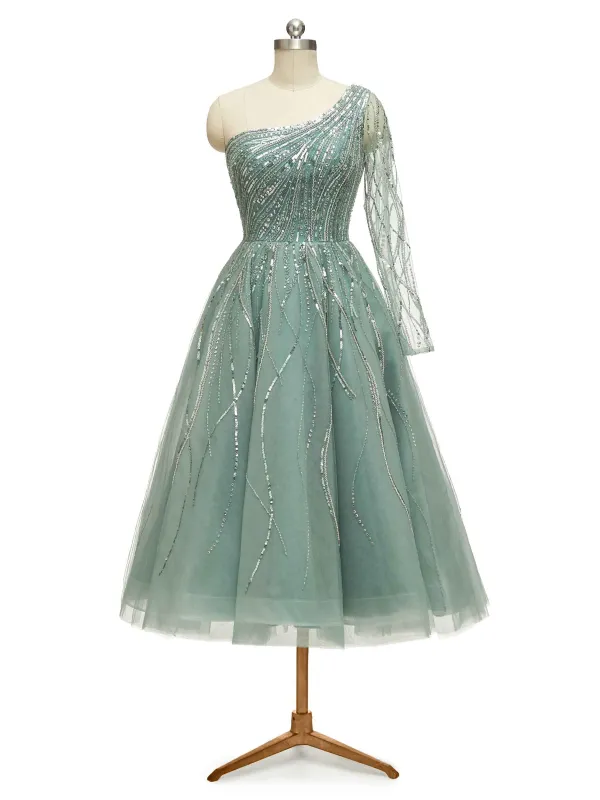 Luxury Green One Shoulder Long Sleeves Evening Party Prom Dresses sold by ChicSew