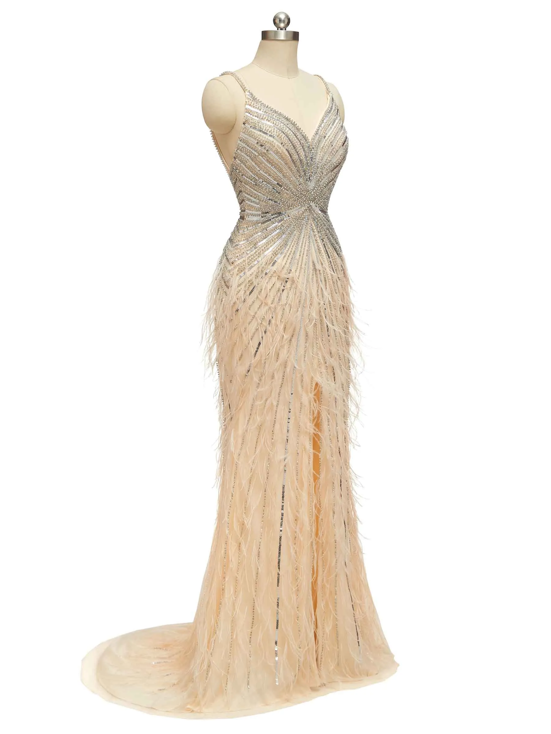 Champagne Gold Luxury Heavily Beaded Feather Formal Prom Dresses Online sold by ChicSew product image thumbnail 5