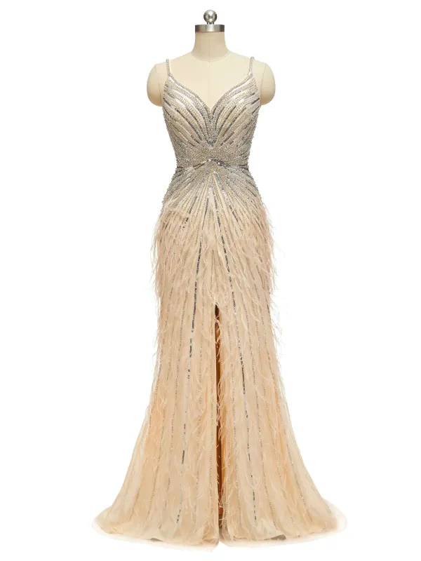 Champagne Gold Luxury Heavily Beaded Feather Formal Prom Dresses Online sold by ChicSew