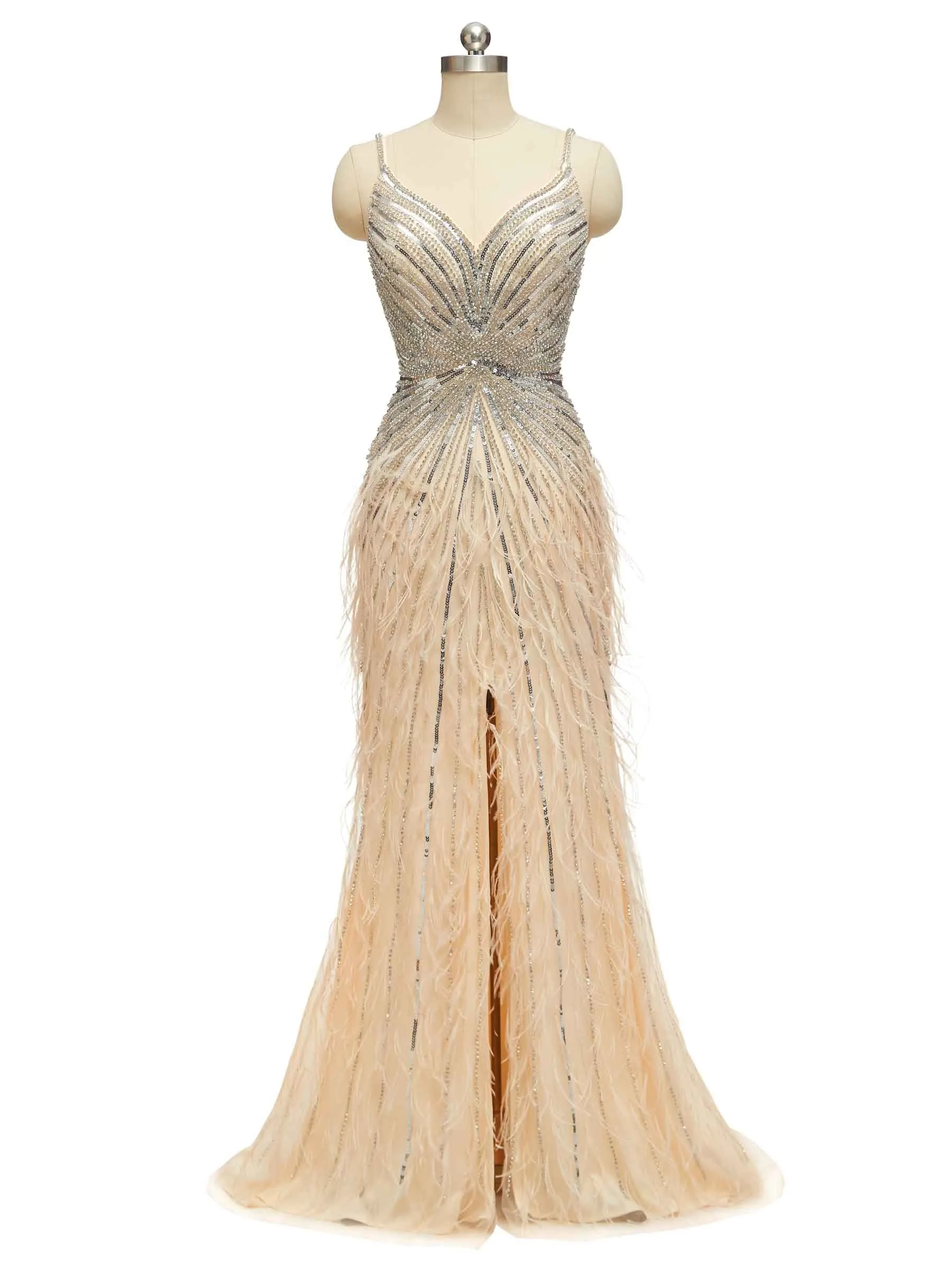 Champagne Gold Luxury Heavily Beaded Feather Formal Prom Dresses Online sold by ChicSew