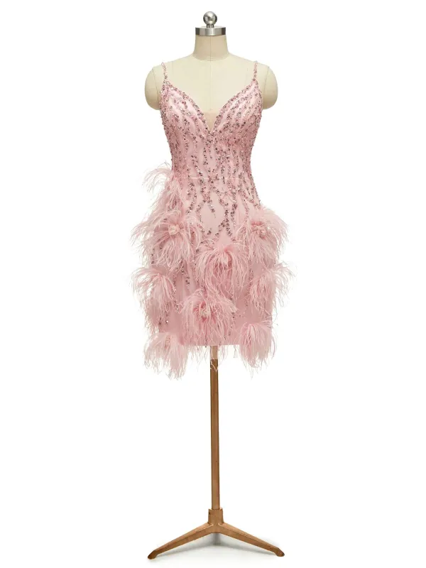 Cute Pink Spaghetti Straps Feather Short Cocktail Party Prom Dresses Online sold by ChicSew