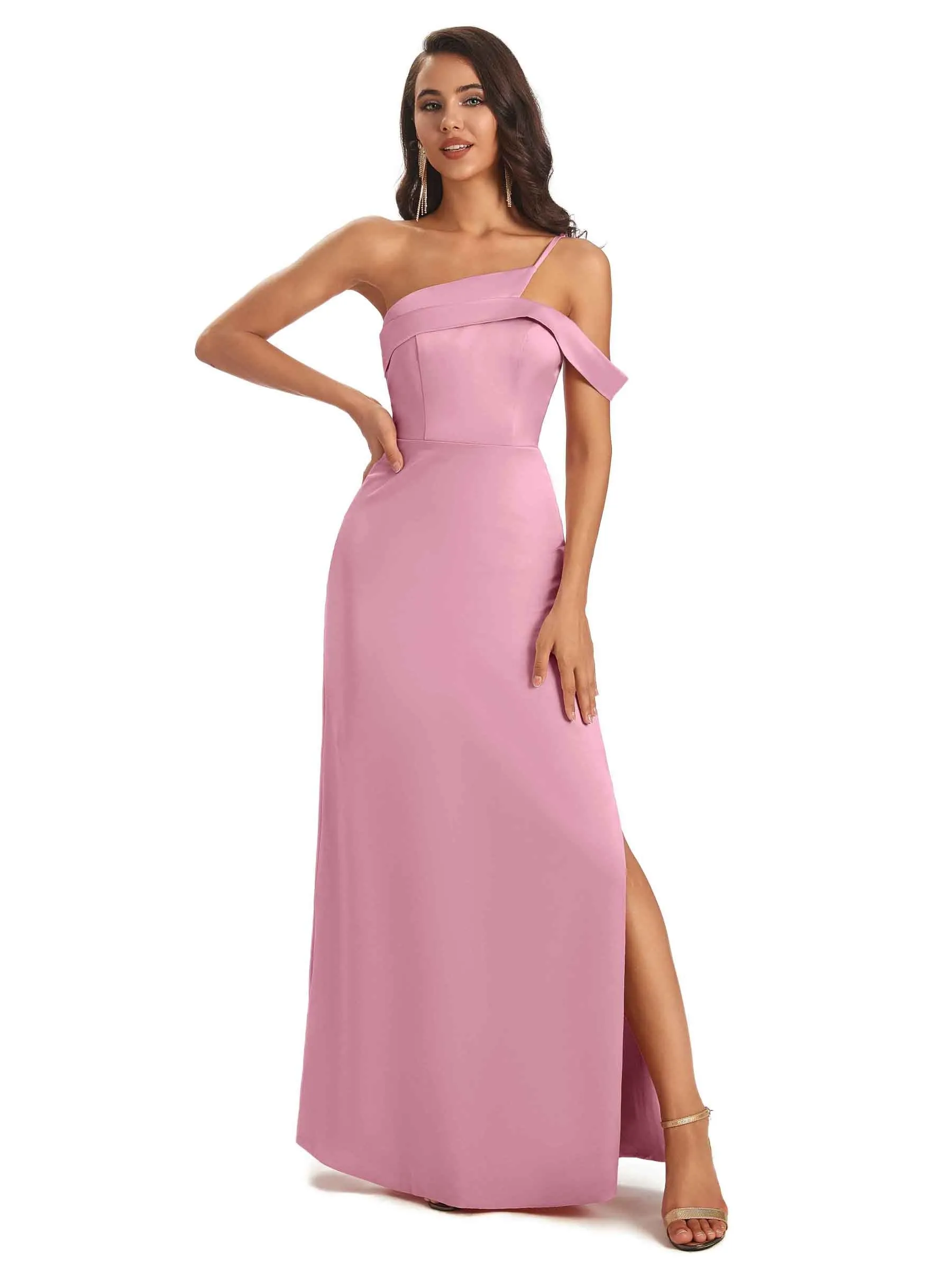 Sexy Satin Side Slit One Shoulder Simple Satin Maxi Formal Prom Dresses Sale sold by ChicSew