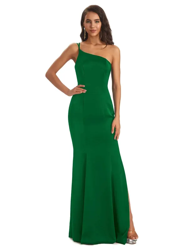 Sexy One Shoulder Pretty Satin Mermaid Party Prom Dresses With Slit Online Sale sold by ChicSew