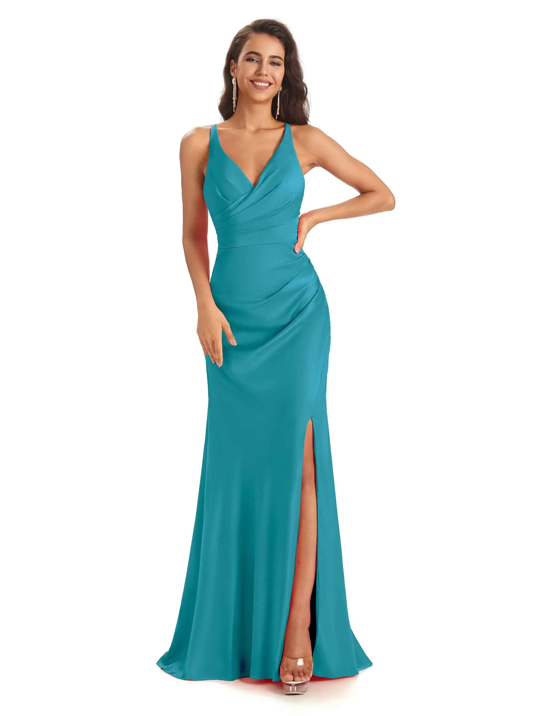 Elegant Soft Satin Side Slit Spaghetti Straps Wrap Long Mermaid Prom Dresses Sale sold by ChicSew
