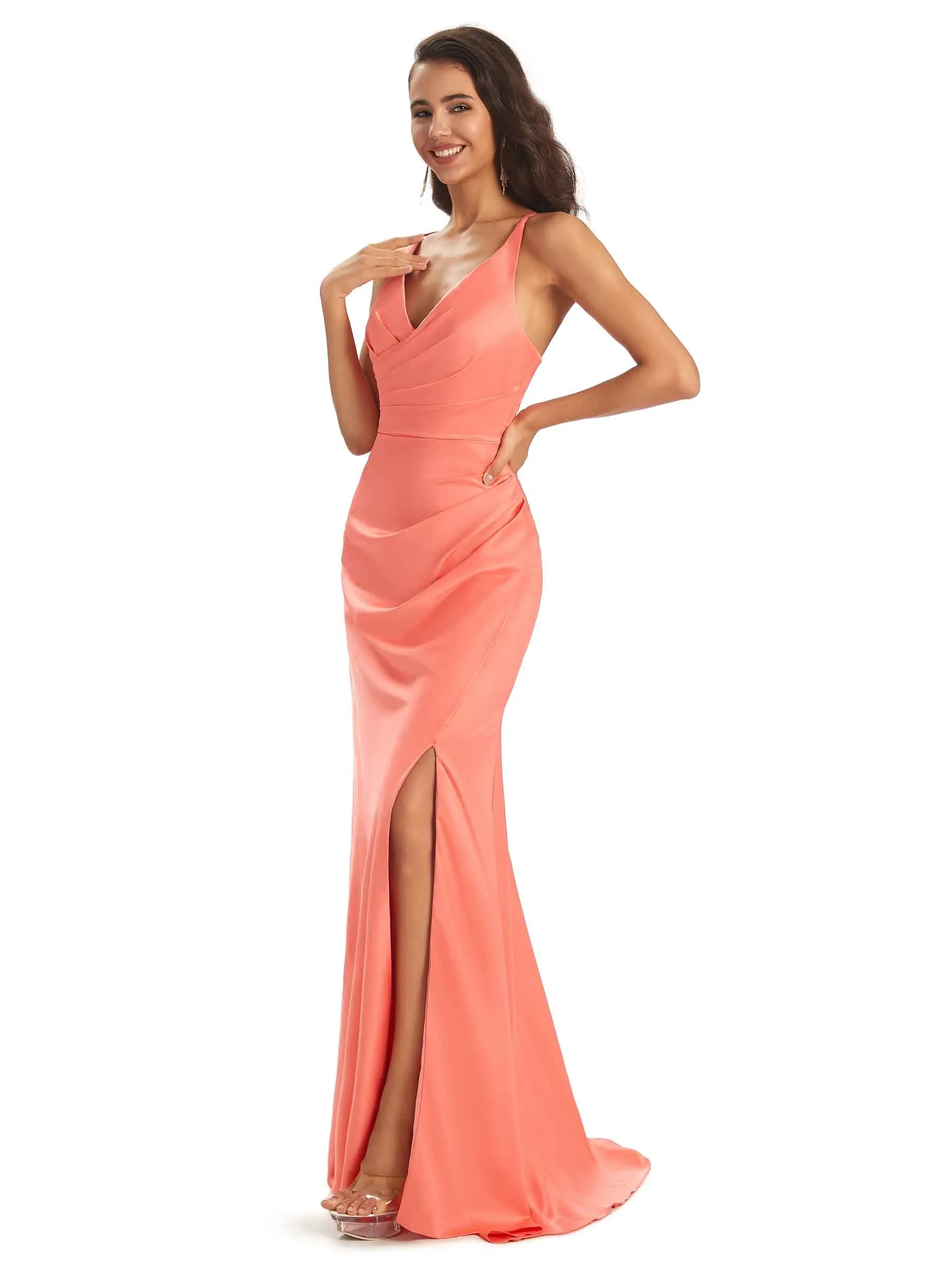 Elegant Soft Satin Side Slit Spaghetti Straps Wrap Long Mermaid Prom Dresses Sale sold by ChicSew product image thumbnail 5