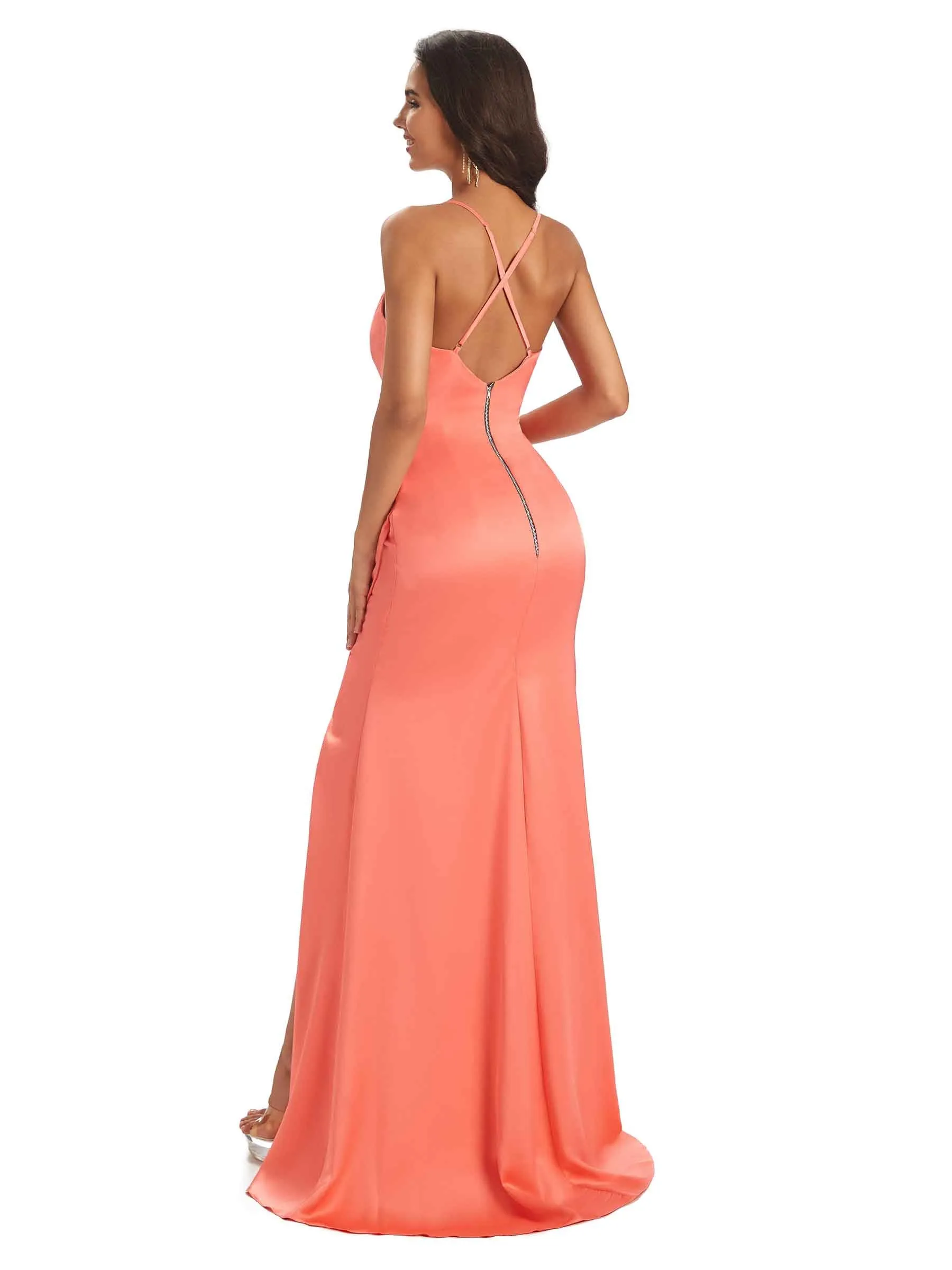 Elegant Soft Satin Side Slit Spaghetti Straps Wrap Long Mermaid Prom Dresses Sale sold by ChicSew product image thumbnail 3