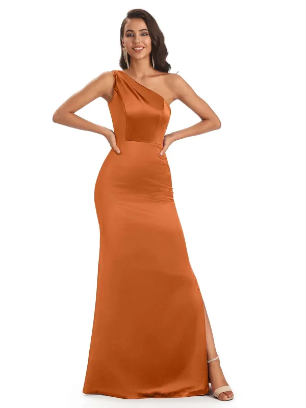 Simple One Shoulder Long Satin Mermaid Evening Prom Dress With Slit Sale sold by ChicSew