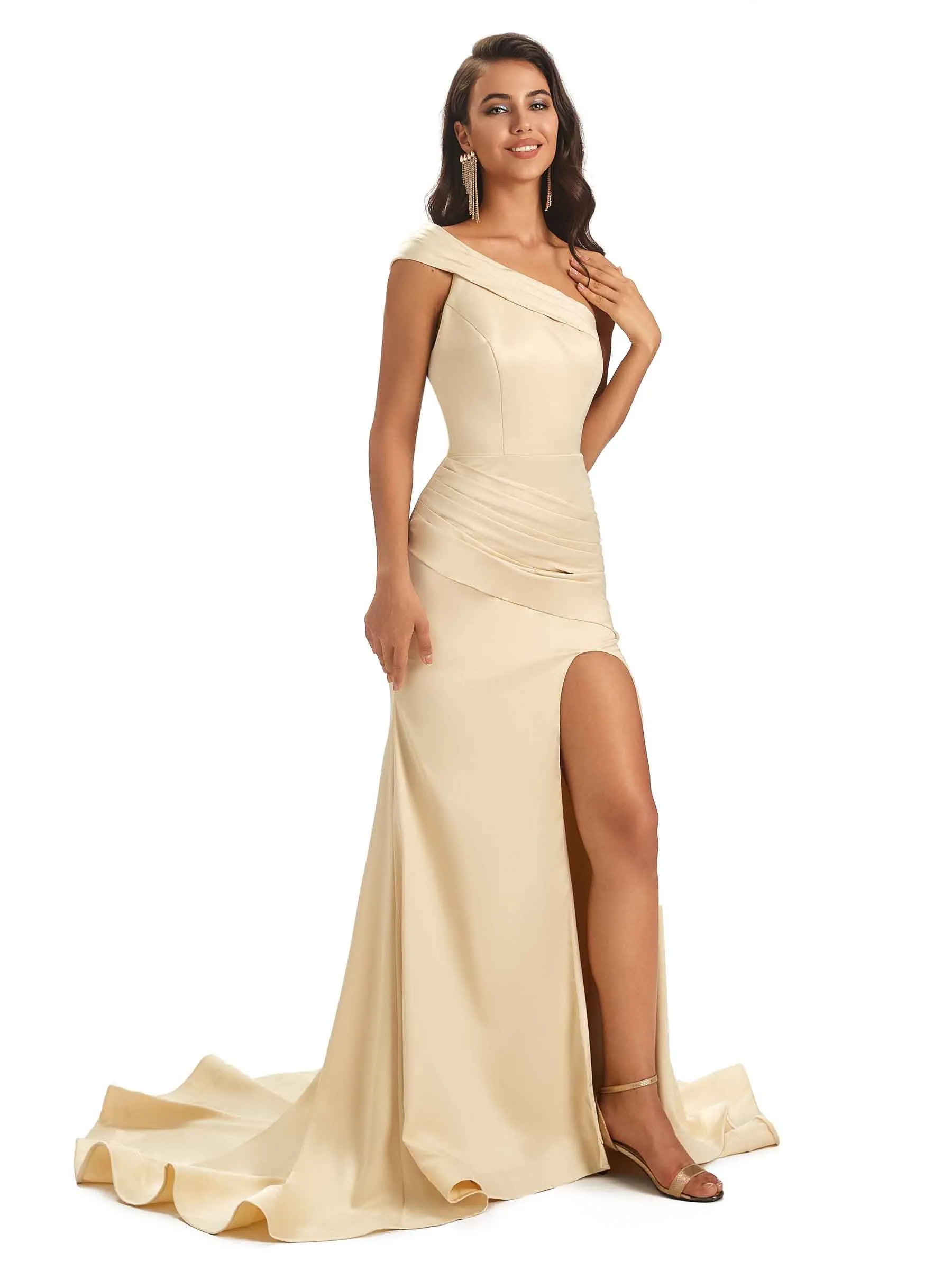 Sexy Satin Side Slit One Shoulder Long Mermaid Formal Prom Dresses Sale sold by ChicSew product image thumbnail 4