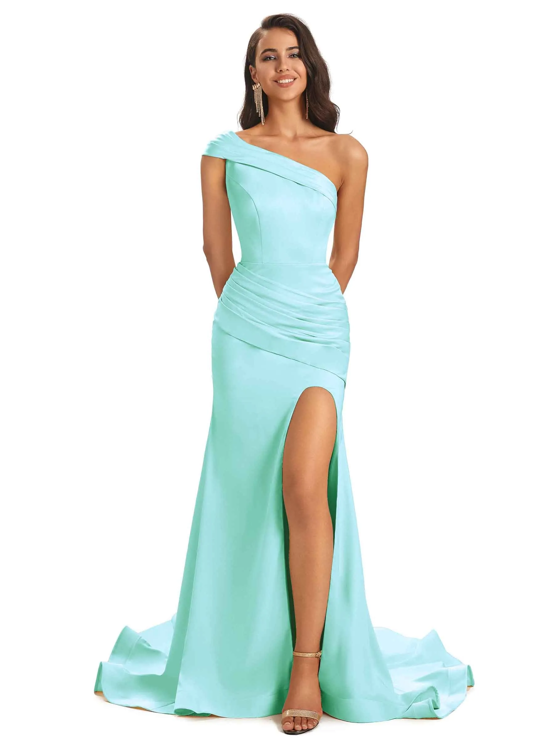 Sexy Satin Side Slit One Shoulder Long Mermaid Formal Prom Dresses Sale sold by ChicSew