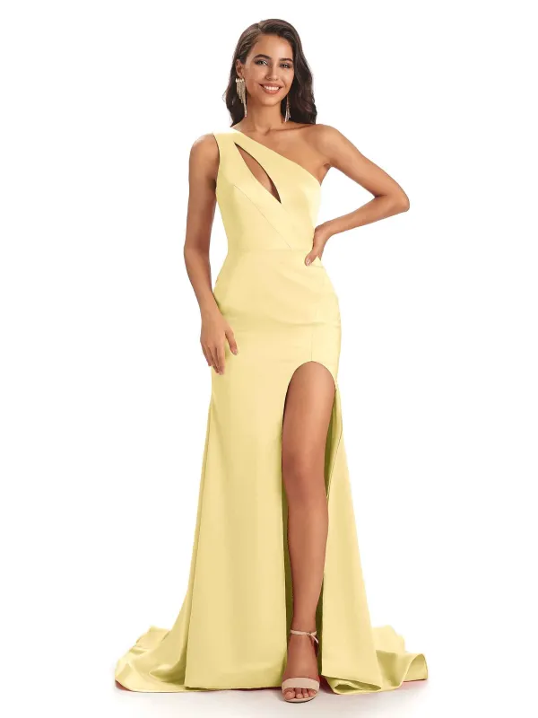 Sexy Satin One Shoulder Long Mermaid Formal Prom Dresses With Slit Online Sale sold by ChicSew