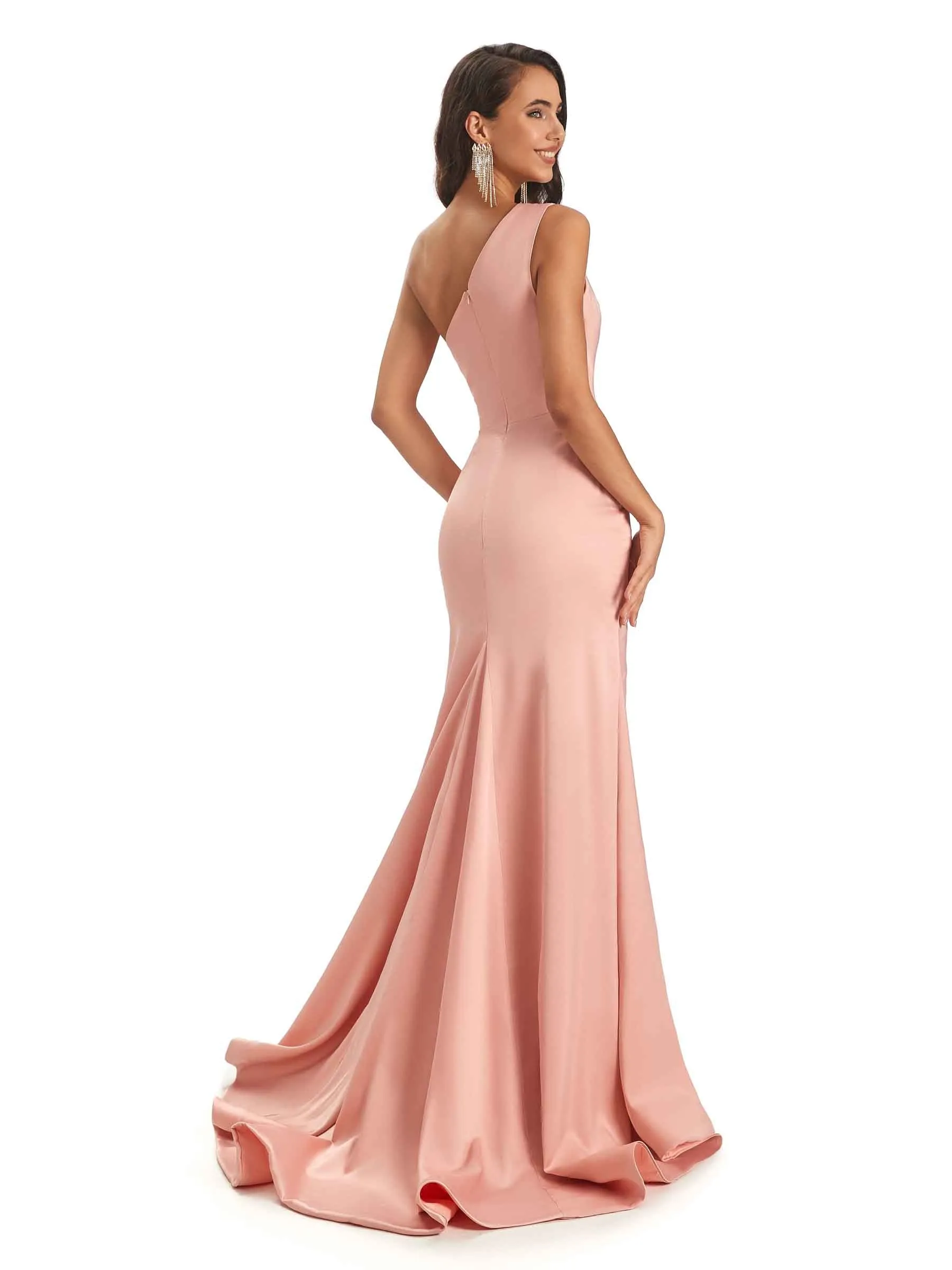 Sexy Satin One Shoulder Long Mermaid Formal Prom Dresses With Slit Online Sale sold by ChicSew product image thumbnail 3