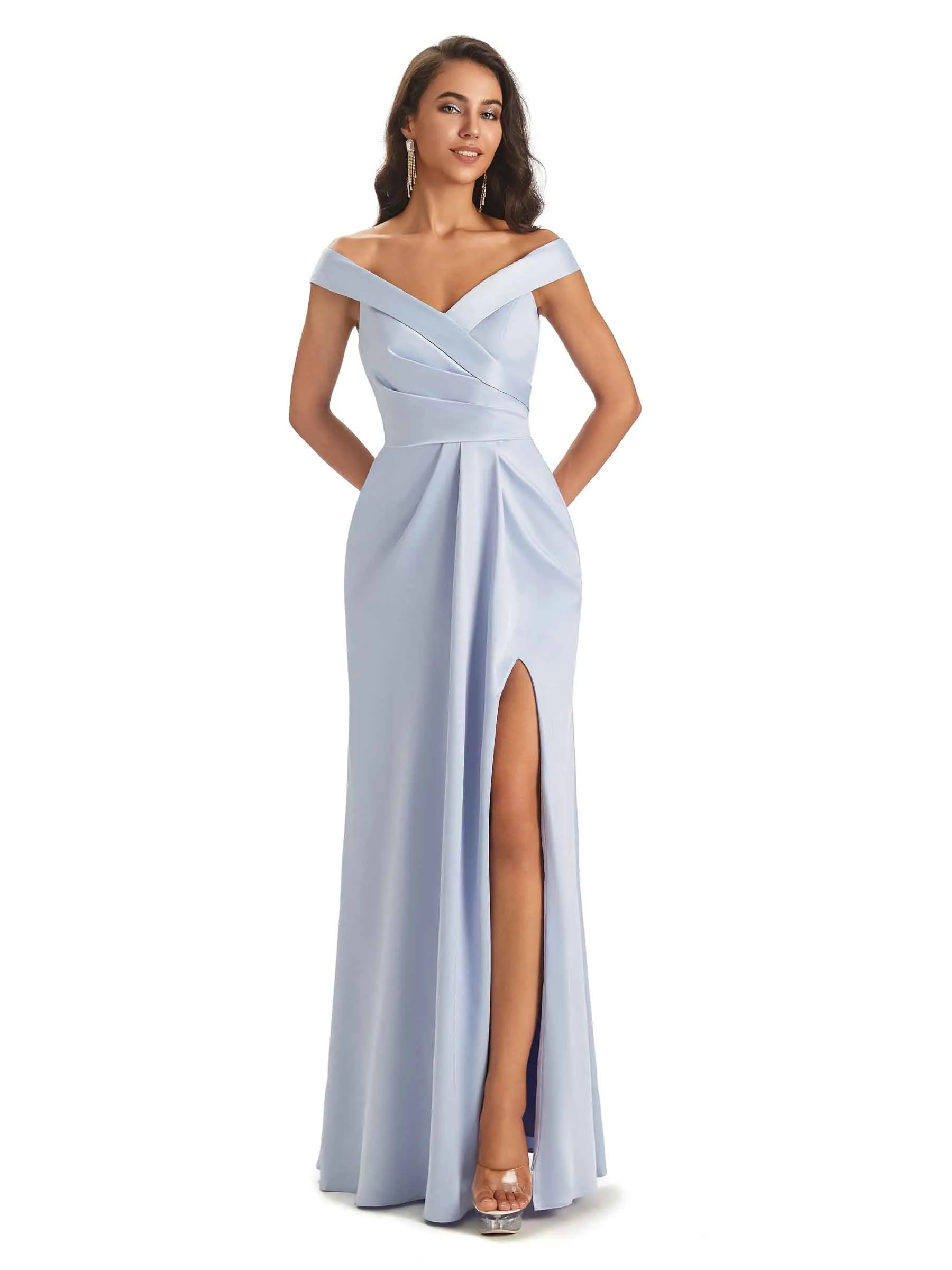 Sexy Off Shoulder Satin Long Wedding Bridesmaid Dresses With Slit Online For Sale sold by ChicSew