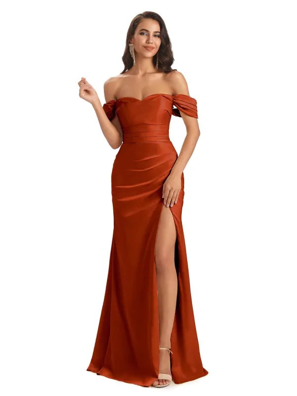 Sexy Off The Shoulder Satin Side Slit Mermaid Long Formal Wedding Guest Dresses sold by ChicSew