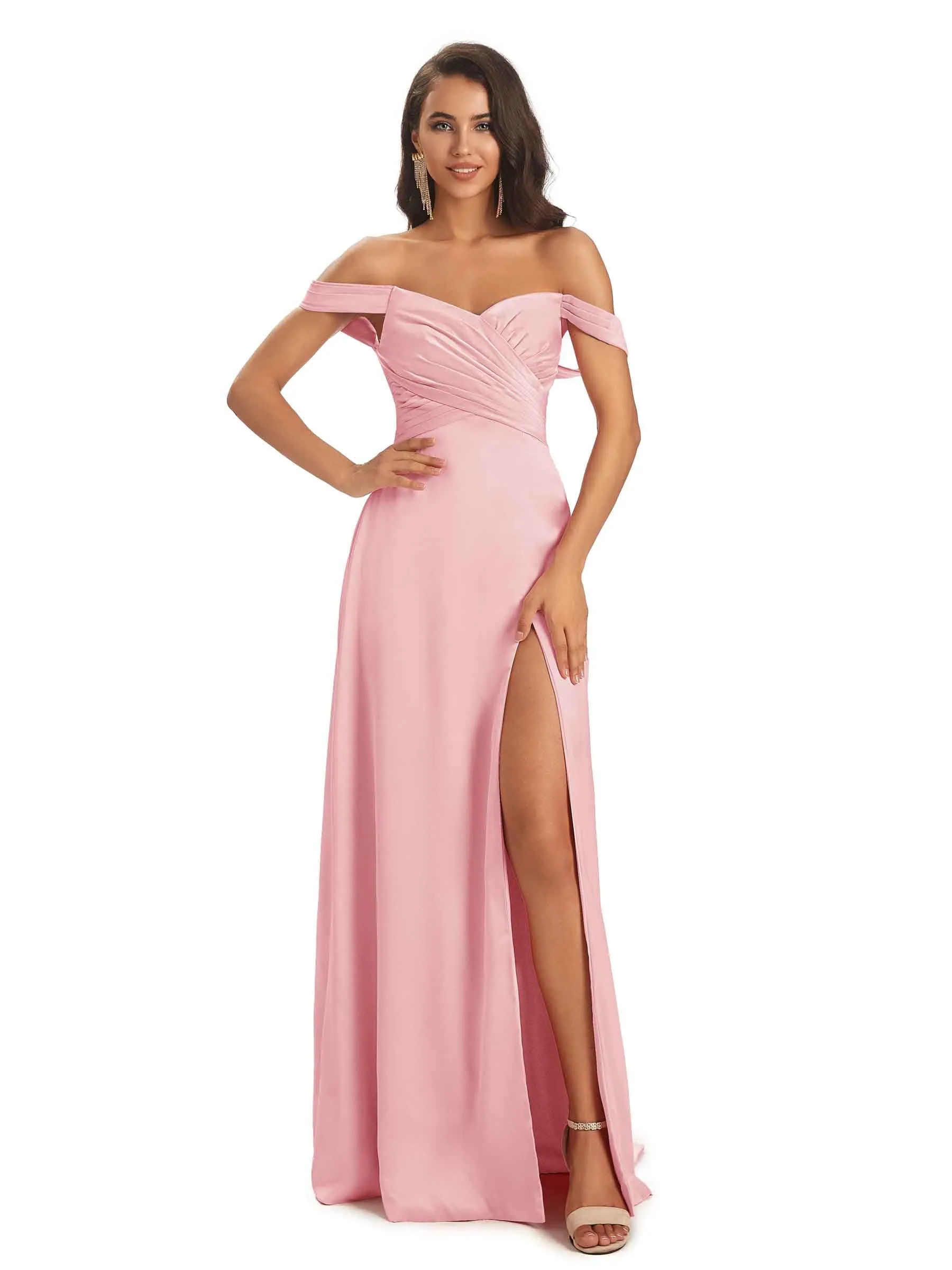 Sexy Side Slit Off The Shoulder Long Soft Satin Womens Wedding Guest Dresses sold by ChicSew