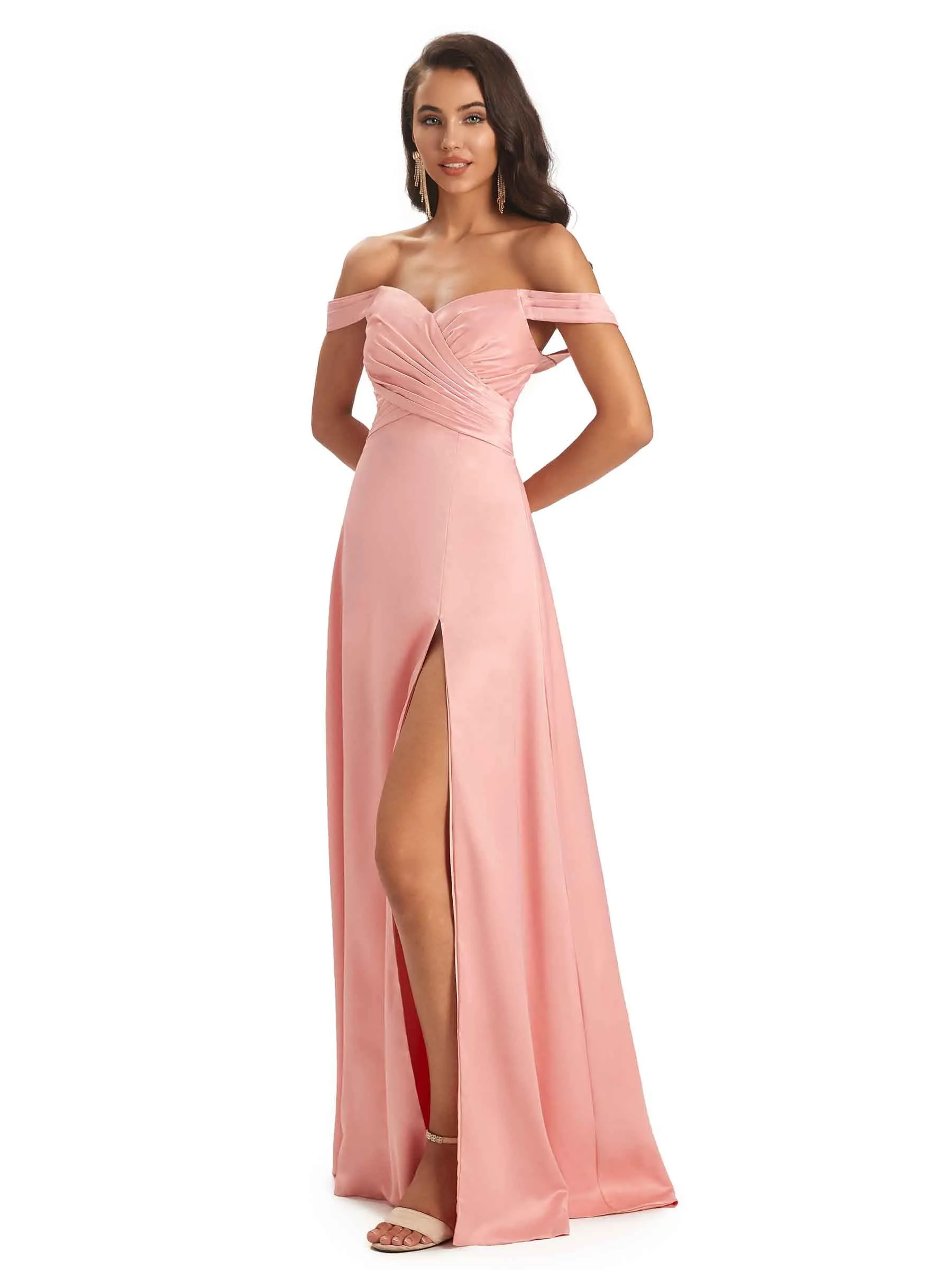 Sexy Side Slit Off The Shoulder Long Soft Satin Womens Wedding Guest Dresses sold by ChicSew product image thumbnail 4