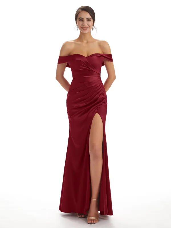 Sexy Side Slit Off The Shoulder Mermaid Soft Satin Pretty Wedding Guest Dresses sold by ChicSew