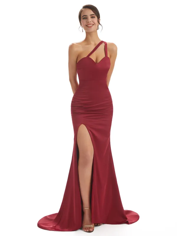 Sexy One Shoulder Spaghetti Strap Side Slit Mermaid Satin Formal Gown sold by ChicSew