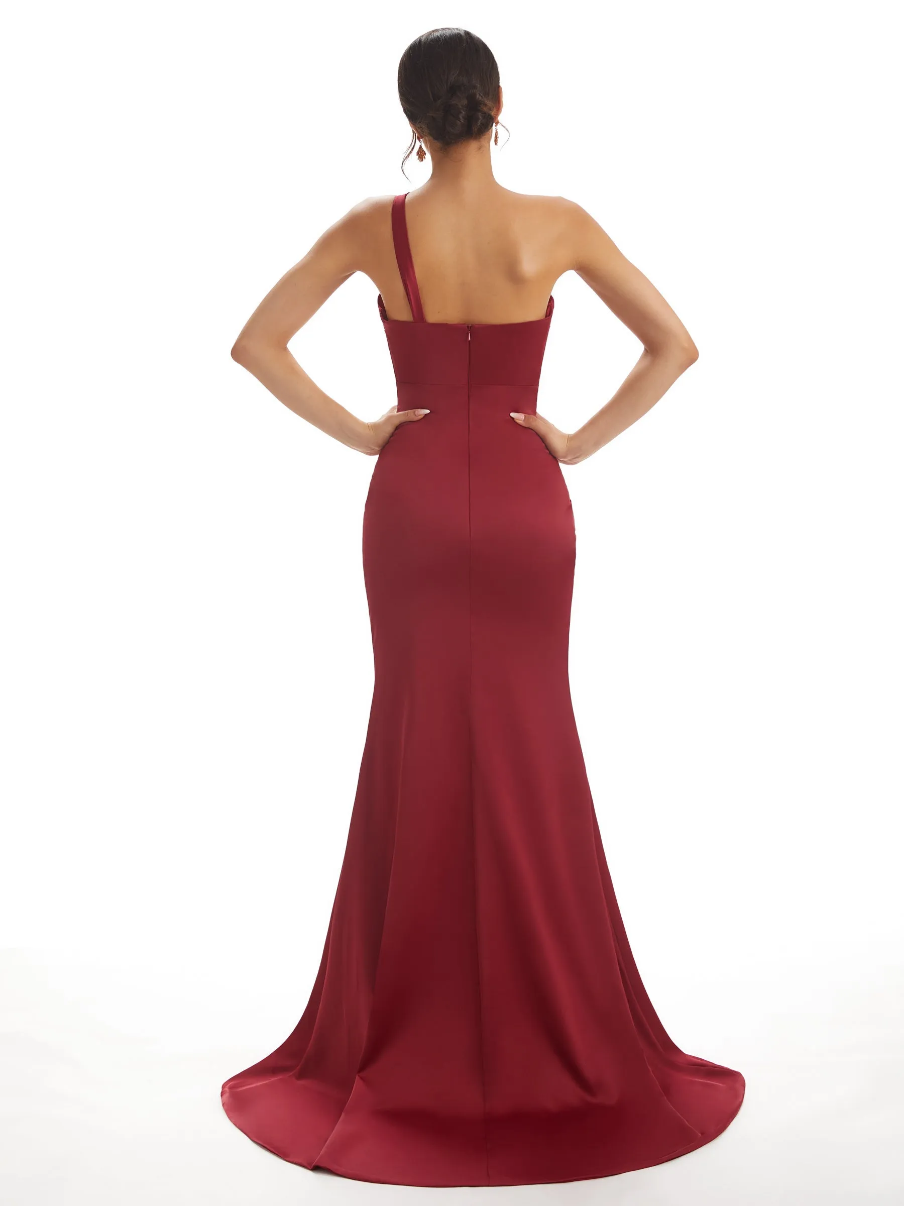 Sexy One Shoulder Spaghetti Strap Side Slit Mermaid Satin Formal Gown For Women sold by ChicSew product image thumbnail 3