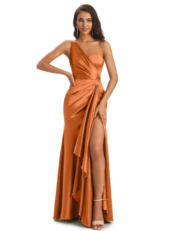 Elegant Soft Satin Side Slit One Shoulder Sexy Mermaid Long Boho Wedding Guest Dress sold by ChicSew