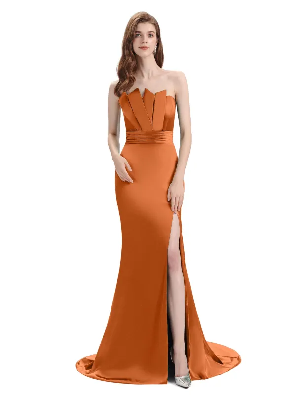 Elegant Silky Satin Strapless Side Slit Long Mermaid Wedding Clothes For Women sold by ChicSew