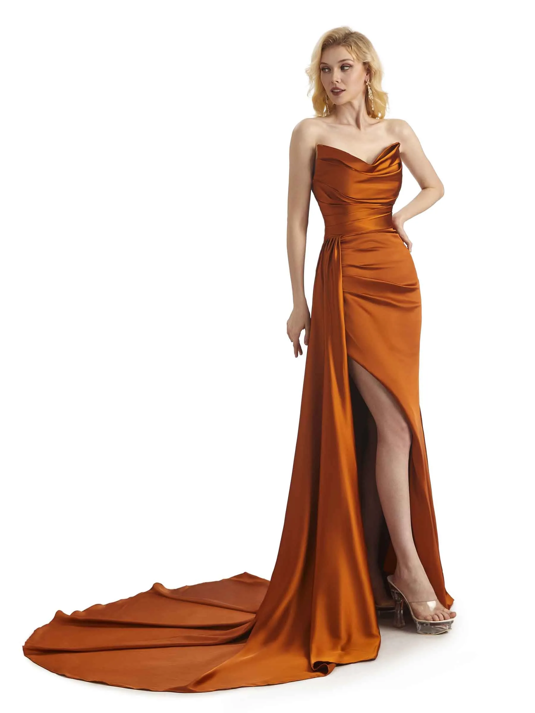 Unique Sweetheart Side Slit Long Ruched Satin Maxi Evening Formal Dress With Waist Drape sold by ChicSew product image thumbnail 4