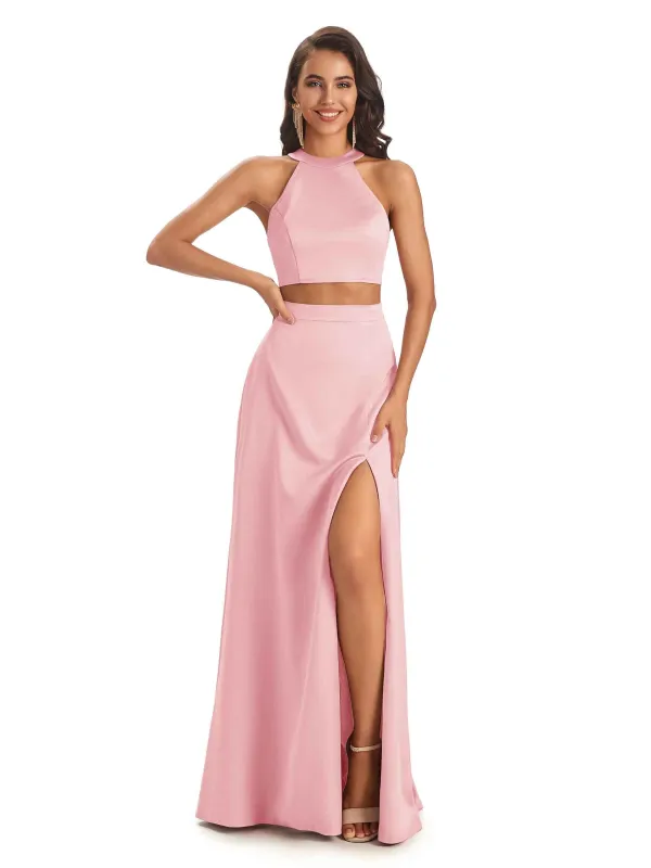 Soft Satin Two Piece Halter Side Slit Sexy Long Good Wedding Guest Dresses sold by ChicSew