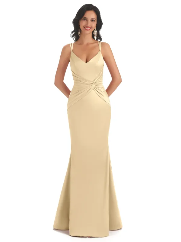 Ladies Spaghetti Straps Ruched Satin Twisted Knot Mermaid Sexy Long Formal Evening Dress sold by ChicSew