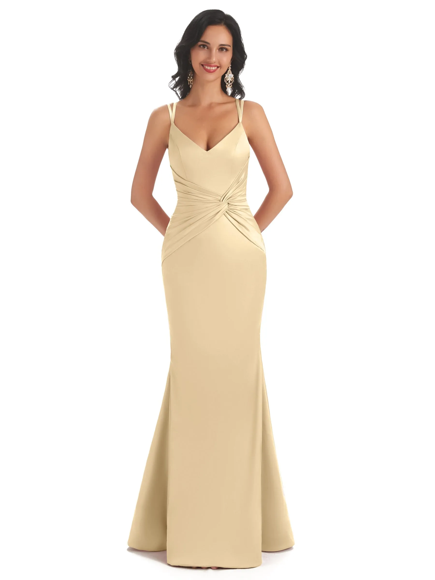 Ladies Spaghetti Straps Ruched Satin Twisted Knot Mermaid Sexy Long Formal Evening Dress sold by ChicSew
