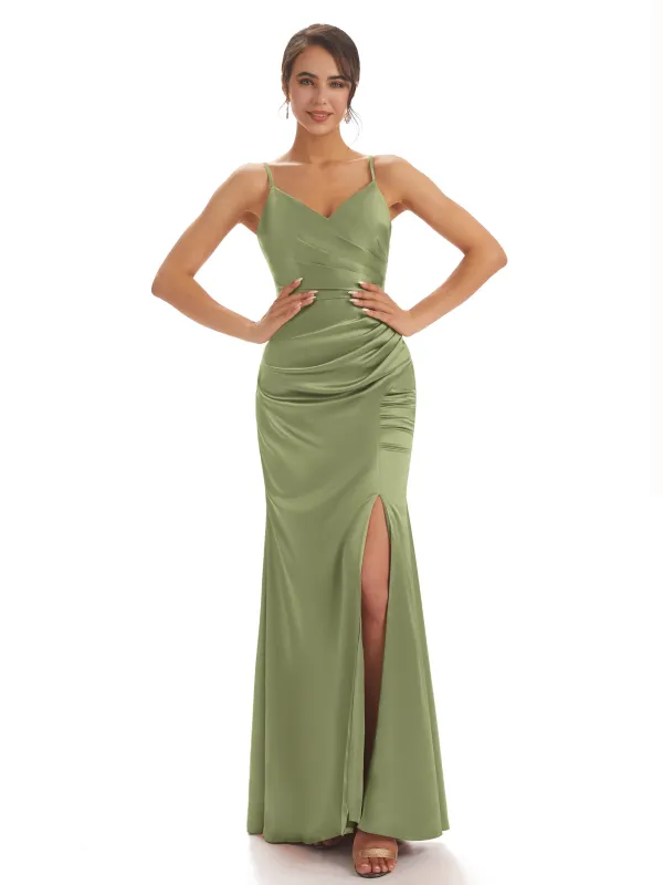Sexy Spaghetti Straps Soft Satin Side Slit Mermaid Long Elegant Dresses For Wedding Guests sold by ChicSew