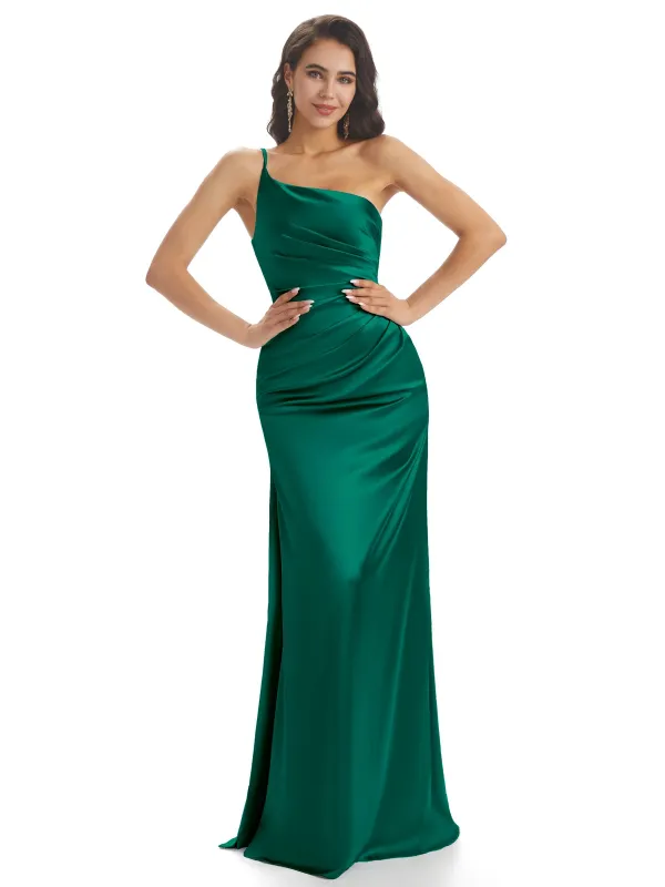 Silky Soft Satin One Shoulder Side Slit Mermaid Long Curve Wedding Guest Dresses sold by ChicSew
