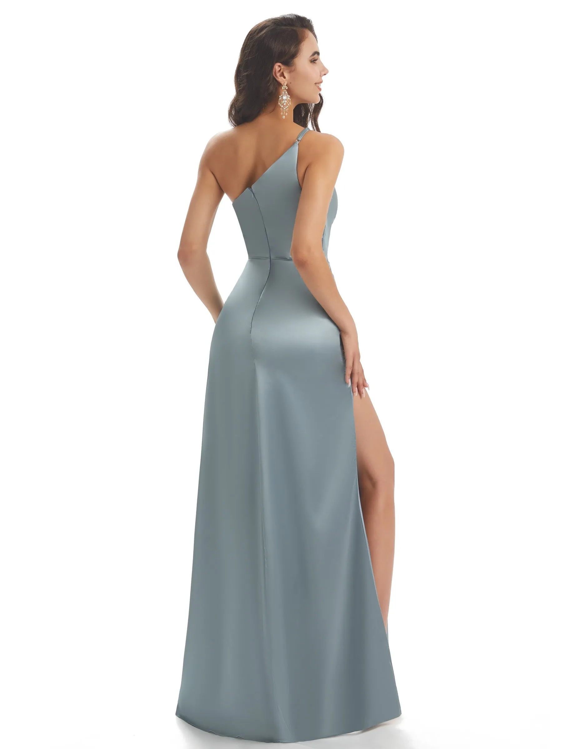 Silky Soft Satin One Shoulder Side Slit Mermaid Long Curve Wedding Guest Dresses sold by ChicSew product image thumbnail 3