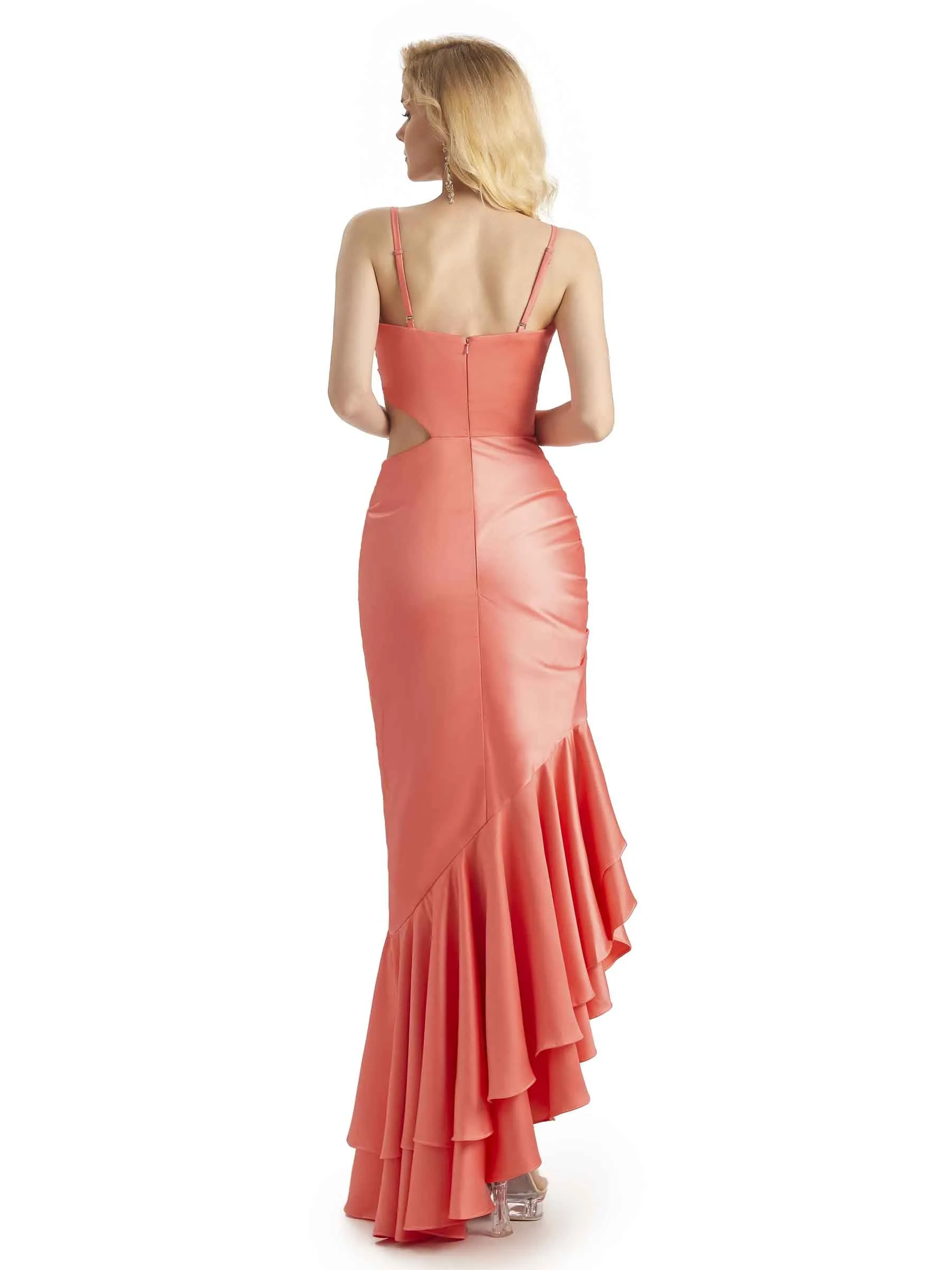 Sexy Asymmetrical Ruffles Satin High Low Mermaid Wedding Party Dresses For Ladies sold by ChicSew product image thumbnail 3