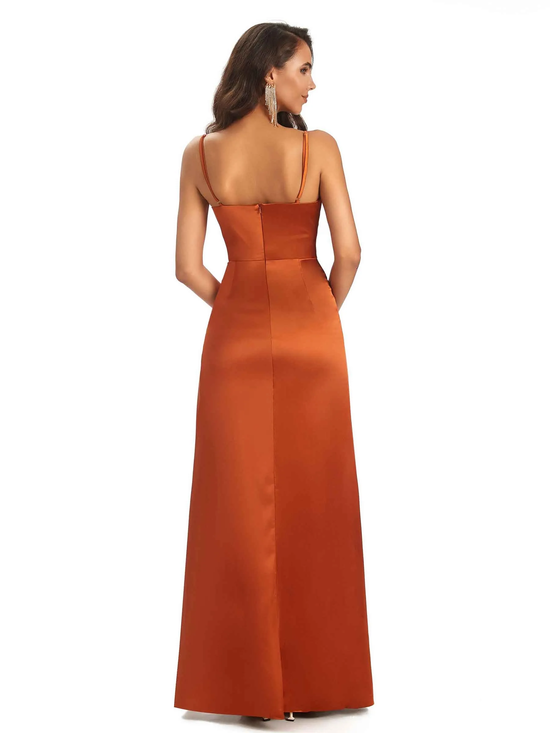 Sexy Ruched Satin Long Unique Formal Dresses For Women V-Neck Spaghetti Straps Side Slit sold by ChicSew product image thumbnail 3