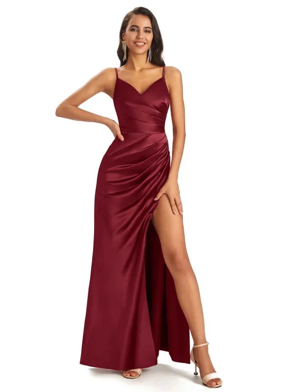 Sexy Ruched Satin Long Unique Formal Dresses For Women V-Neck Spaghetti Straps Side Slit sold by ChicSew