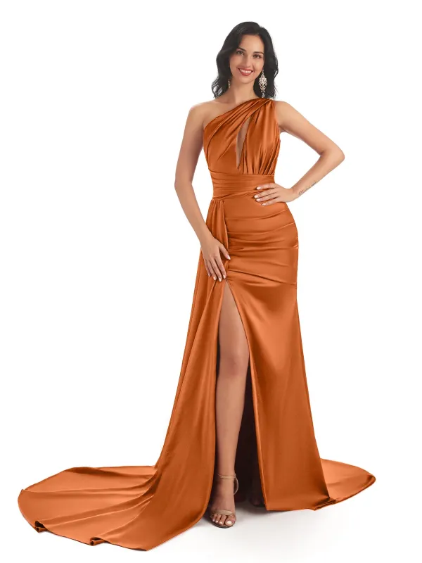 Sexy Side Slit One Shoulder Mermaid Maxi Long Soft Satin Wedding Guest Dresses On Sale sold by ChicSew